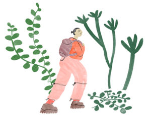 Teckning av kvinna som vandrar bland grönska. Hon bär en ryggsäck. 